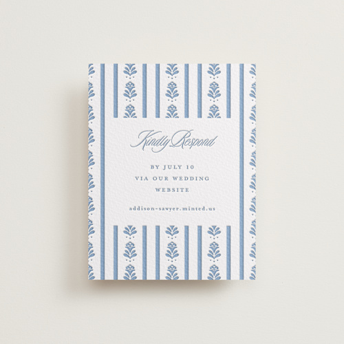 This is a provincial blue rsvp cards with letterpress by Erin German called sweet garden printing on somerset500 in standard