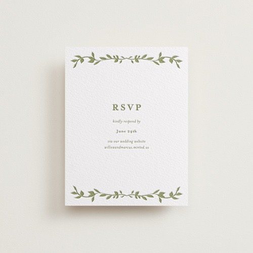 This is a pistachio rsvp cards with letterpress by Susan Moyal called greenery vine printing on somerset500 in standard