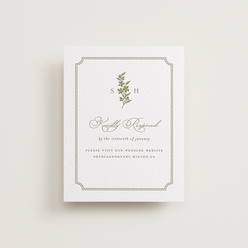 This is a pistachio rsvp cards with letterpress by Yaling Hou Suzuki called simply elegant printing on somerset500 in standard