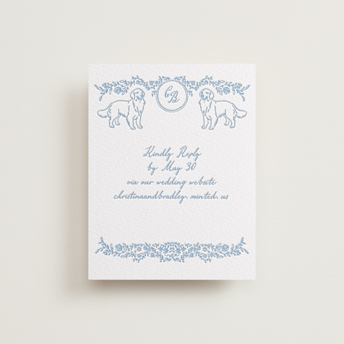 This is a sky blue rsvp cards with letterpress by Creo Study called garden romance printing on somerset500 in standard