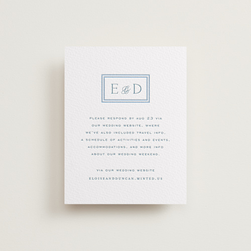 This is a denim rsvp cards with letterpress by chocomocacino called ricciarelli printing on somerset500 in standard