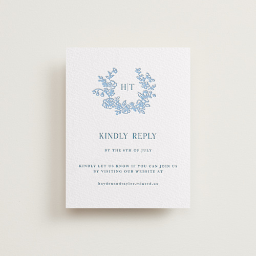This is a sky blue rsvp cards with letterpress by Cass Loh called flowers monogram printing on somerset500 in standard