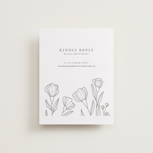 This is a graphite rsvp cards with letterpress by Deynaaz Daraei called bouvardia printing on somerset500 in standard