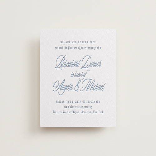 This is a provincial blue rsvp cards with letterpress by Creo Study called stately printing on somerset500 in standard