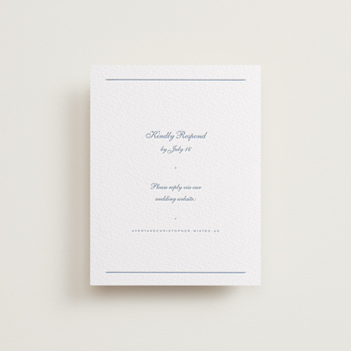 This is a provincial blue rsvp cards with letterpress by Blustery August called villa printing on somerset500 in standard
