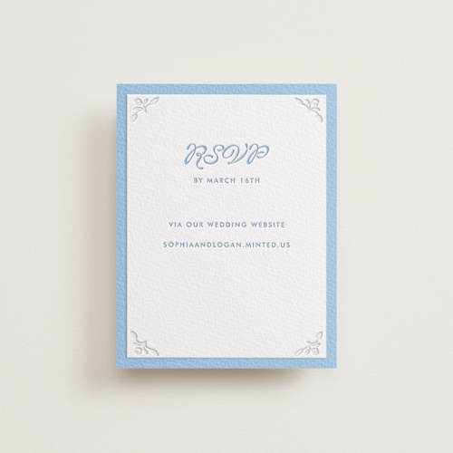 This is a sky blue rsvp cards with letterpress by Morgan Kendall called victorian chic printing on somerset500 in standard