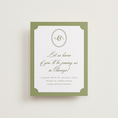 This is a pistachio rsvp cards with letterpress by Robert and Stella called darcy printing on somerset500 in standard