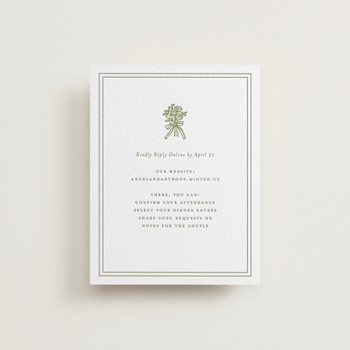 This is a pistachio rsvp cards with letterpress by Lori Wemple called wedding bouquet printing on somerset500 in standard