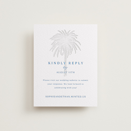This is a sapphire rsvp cards with letterpress by Kaydi Bishop called palm tree printing on somerset500 in standard