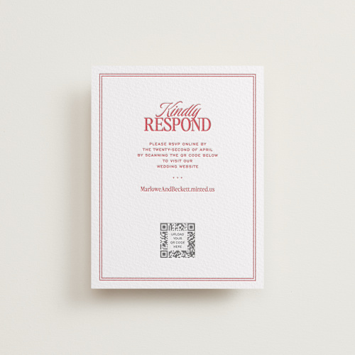 This is a scarlet rsvp cards with letterpress by Jenna Holcomb called vermilion printing on somerset500 in standard