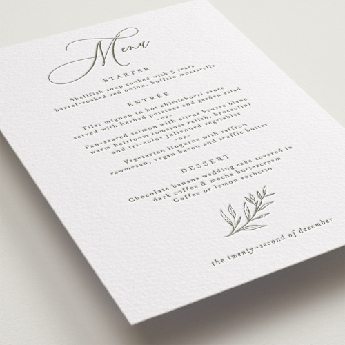 This is a moss menu cards with letterpress by chocomocacino called creme au beurre printing on somerset500 in standard