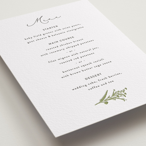 This is a pistachio menu cards with letterpress by Susan Moyal called gathered printing on somerset500 in standard