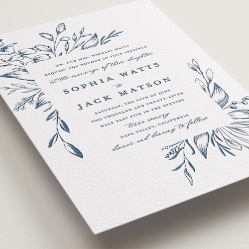 This is a indigo letterpress wedding invitations with letterpress by Susan Moyal called everlasting printing on somerset500 in standard