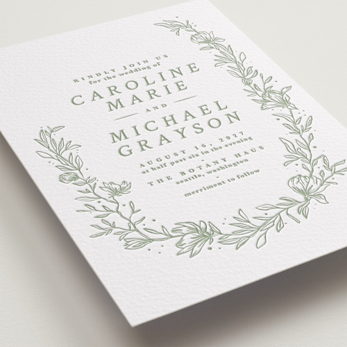 This is a mint letterpress wedding invitations with letterpress by Camille Robinson called magnolia printing on somerset500 in standard