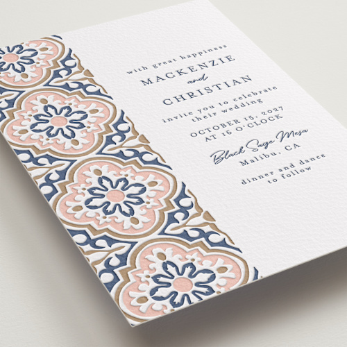 This is a matte gold | aegean | nude letterpress wedding invitations with letterpress by Juliana Zimmermann called tiles printing on somerset500 in standard
