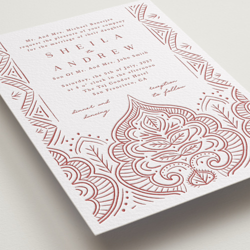 This is a rosewood letterpress wedding invitations with letterpress by Kanika Mathur called taj printing on somerset500 in standard