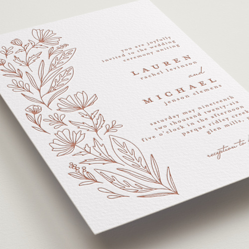 This is a burnt rose letterpress wedding invitations with letterpress by Heather Cairl called pressed botanicals printing on somerset500 in standard