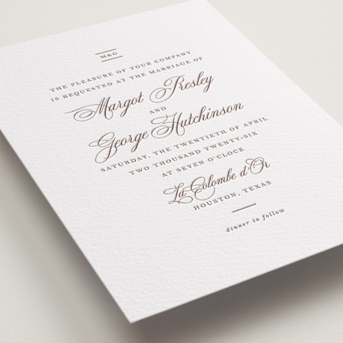 This is a burnt sienna letterpress wedding invitations with letterpress by Megan Davis called lombardy printing on somerset500 in standard