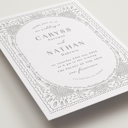 This is a ash letterpress wedding invitations with letterpress by Devika Keskar called splendor printing on somerset500 in standard