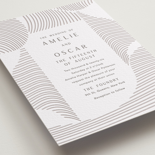 This is a dove grey letterpress wedding invitations with letterpress by Elly called waves printing on somerset500 in standard