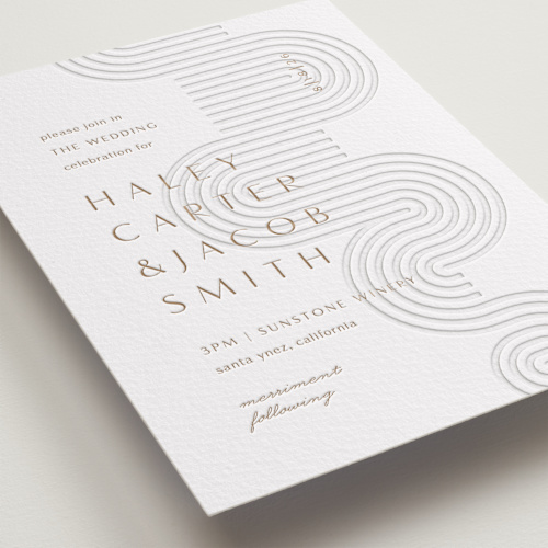 This is a matte gold letterpress wedding invitations with letterpress by Alaina Cherup called bonseki printing on somerset500 in standard