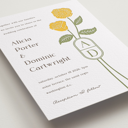 This is a coffee letterpress wedding invitations with letterpress by Jessica Yeo called cottage flowers printing on somerset500 in standard