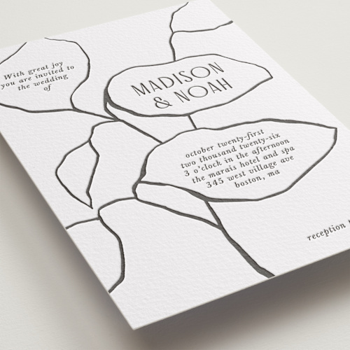 This is a black letterpress wedding invitations with letterpress by Pati Cascino called leaves printing on somerset500 in standard