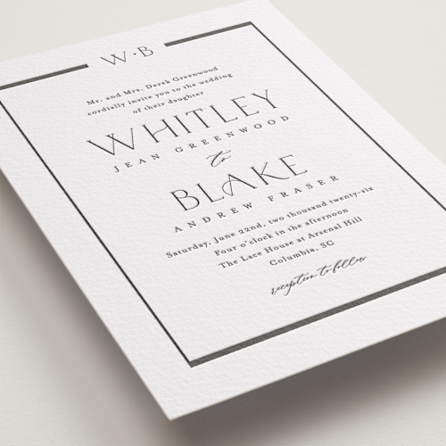 This is a black letterpress wedding invitations with letterpress by Stacey Meacham called luster printing on somerset500 in standard