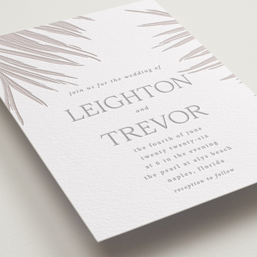 This is a ash letterpress wedding invitations with letterpress by Melinda Denison called gilded palm printing on somerset500 in standard