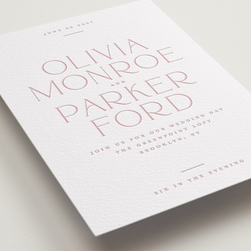 This is a classic pink letterpress wedding invitations with letterpress by Kristie Kern called monroe printing on somerset500 in standard