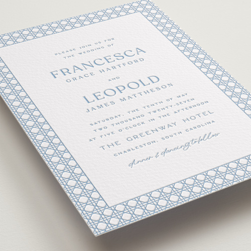 This is a sky blue letterpress wedding invitations with letterpress by Ellen Schlegelmilch called delicate rattan printing on somerset500 in standard
