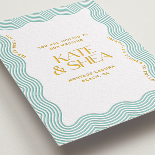 This is a seafoam letterpress wedding invitations with letterpress by Claudia Orengo called good vibes printing on somerset500 in standard