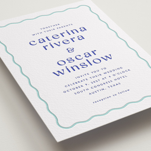 This is a blue violet letterpress wedding invitations with letterpress by Olivia Raufman called with a twist printing on somerset500 in standard