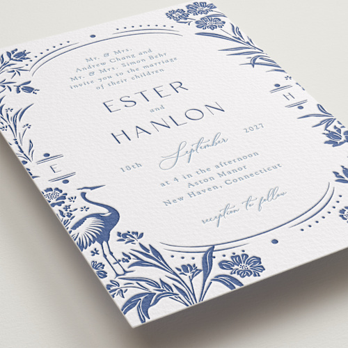 This is a lapis letterpress wedding invitations with letterpress by Corinne Malesic called porcelain garden printing on somerset500 in standard