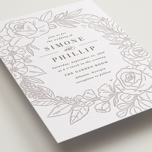 This is a coffee letterpress wedding invitations with letterpress by Kristen Smith called sketched blooms printing on somerset500 in standard