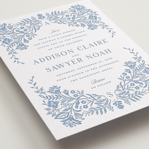 This is a provincial blue letterpress wedding invitations with letterpress by Erin German called sweet garden printing on somerset500 in standard