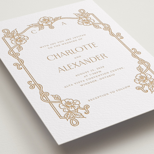 This is a faux gold letterpress wedding invitations with letterpress by Selima Akhter called nouveau peony printing on somerset500 in standard