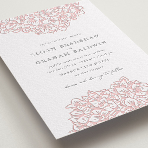 This is a blush letterpress wedding invitations with letterpress by Paula Pecevich called hydrangea blooms printing on somerset500 in standard