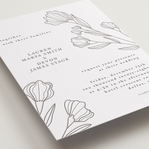 This is a graphite letterpress wedding invitations with letterpress by Deynaaz Daraei called bouvardia printing on somerset500 in standard