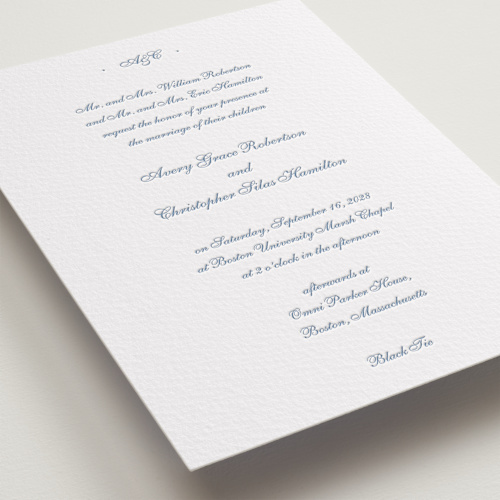 This is a provincial blue letterpress wedding invitations with letterpress by Blustery August called villa printing on somerset500 in standard