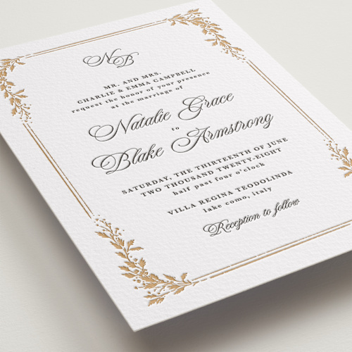 This is a faux gold letterpress wedding invitations with letterpress by Kate Ahn called lake como printing on somerset500 in standard