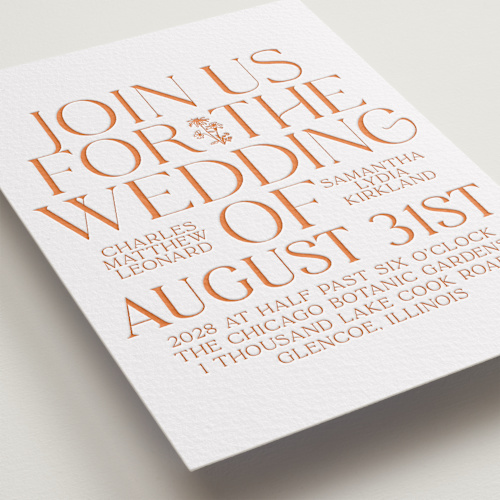 This is a pumpkin letterpress wedding invitations with letterpress by Baumbirdy called floral emblem printing on somerset500 in standard