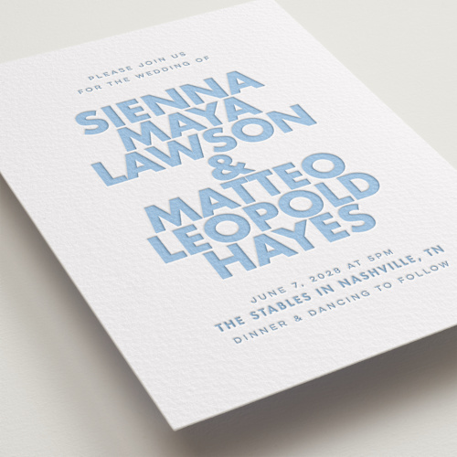 This is a sky blue letterpress wedding invitations with letterpress by Ellen Schlegelmilch called sienna printing on somerset500 in standard