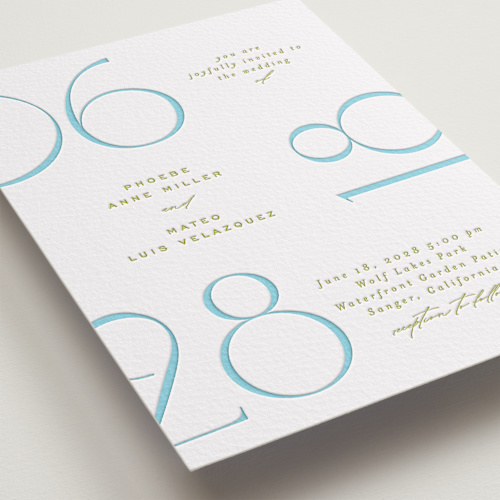 This is a pool letterpress wedding invitations with letterpress by Owl and Toad called numerical printing on somerset500 in standard