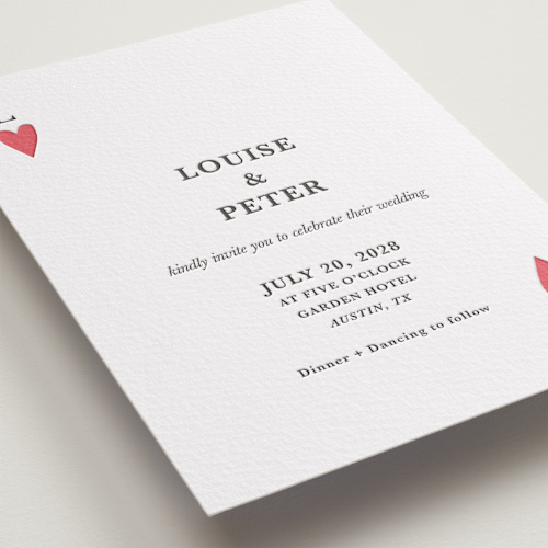 This is a scarlet letterpress wedding invitations with letterpress by Helena Vitto called red hearts printing on somerset500 in standard