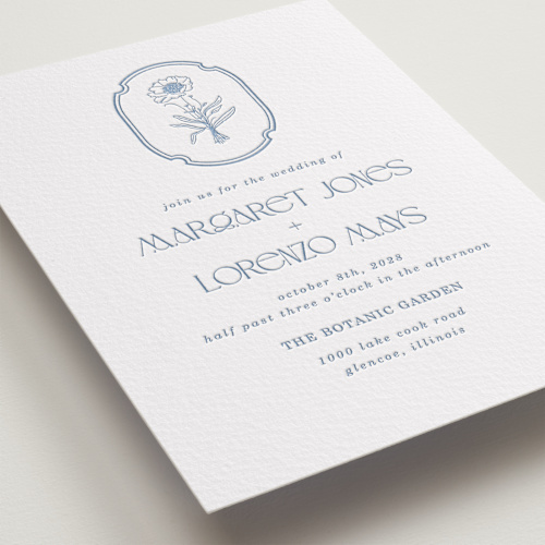 This is a provincial blue letterpress wedding invitations with letterpress by Baumbirdy called flora arch printing on somerset500 in standard