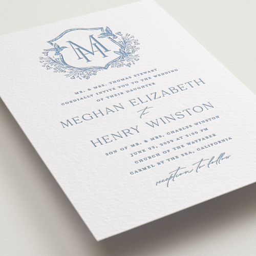 This is a provincial blue letterpress wedding invitations with letterpress by Erin Deegan called hummingbird botanicals printing on somerset500 in standard