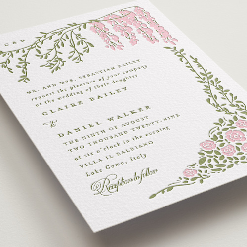 This is a pistachio letterpress wedding invitations with letterpress by Creo Study called vintage blooms printing on somerset500 in standard