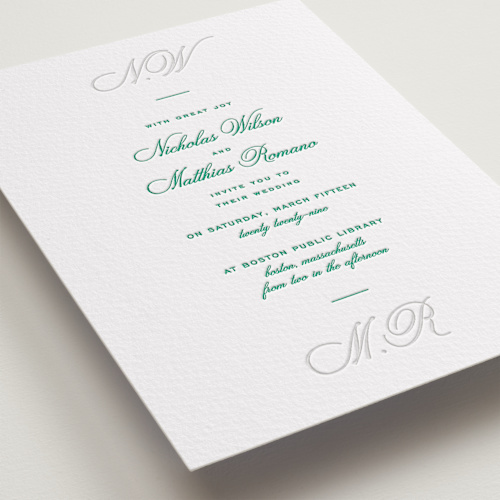 This is a shamrock letterpress wedding invitations with letterpress by Blustery August called keepsake printing on somerset500 in standard