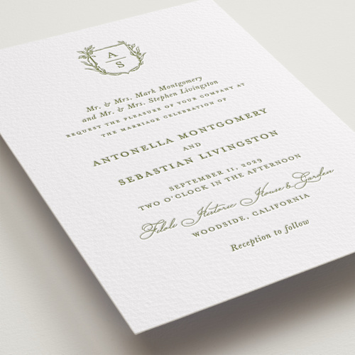 This is a pistachio letterpress wedding invitations with letterpress by Lucrecia Caporale called botanical crest printing on somerset500 in standard